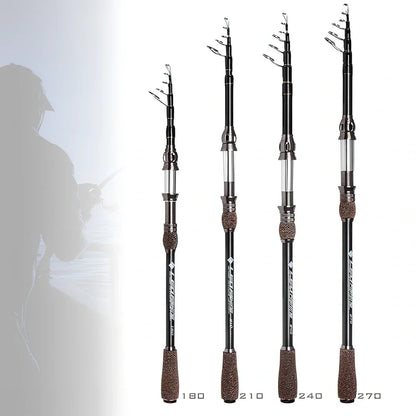 Carbon telescopic sea fishing rod extended and collapsed showing four length options