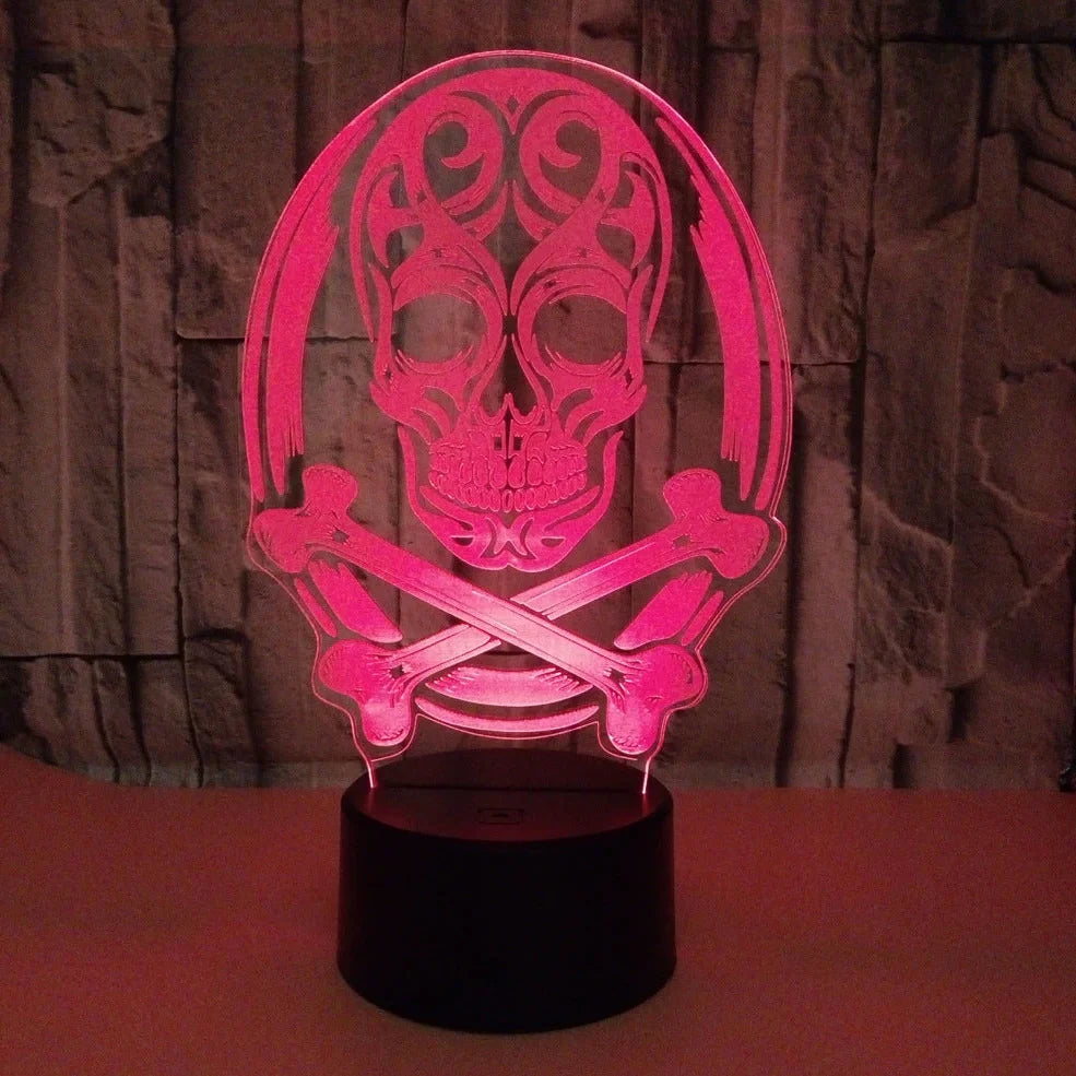 3D holographic skull LED night light with colour-changing options on black ABS base
