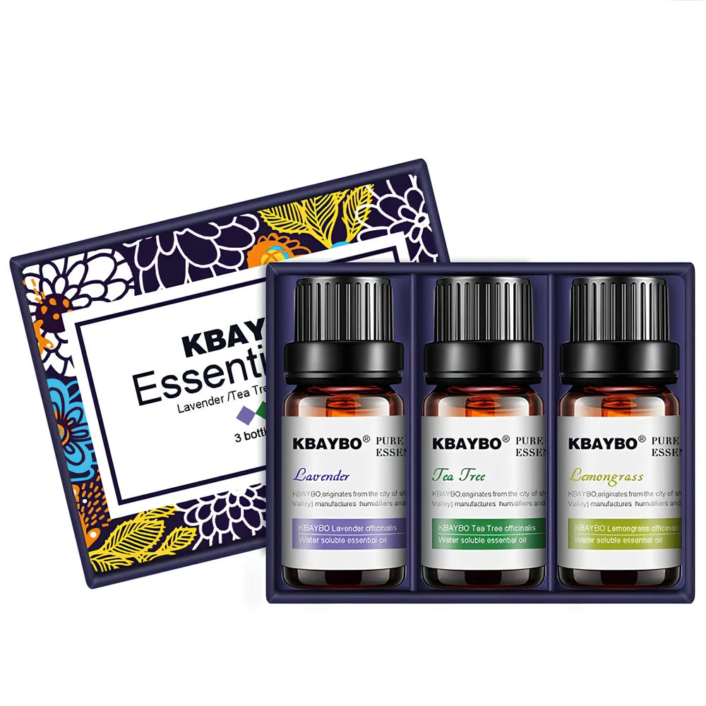 Three 10ml bottles of water-soluble aromatherapy fragrances in lavender, green tea, and lemon vanilla scents