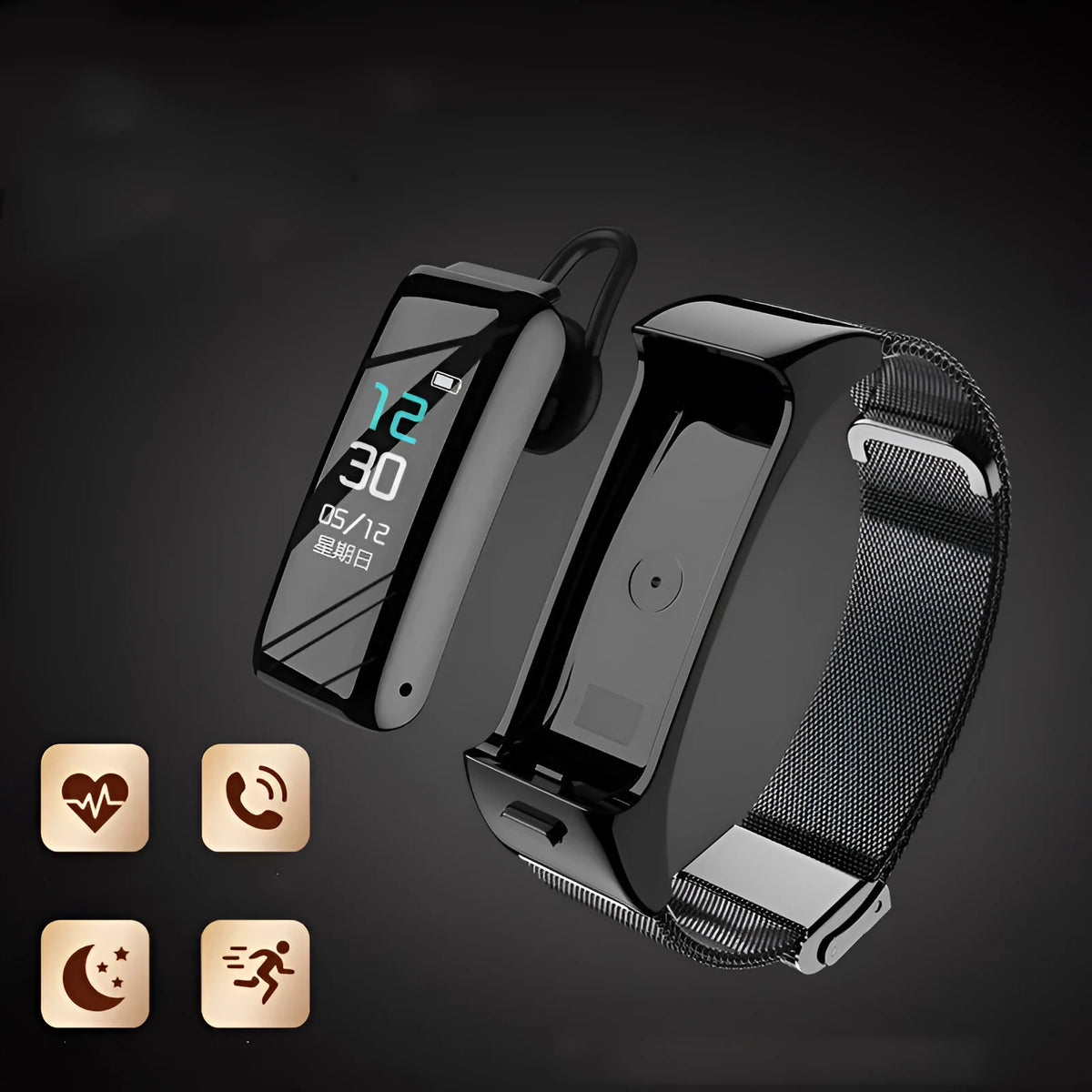 Two-in-one Bluetooth headset smart watch with zinc alloy backing, black leather strap, and magnetic charging cable.