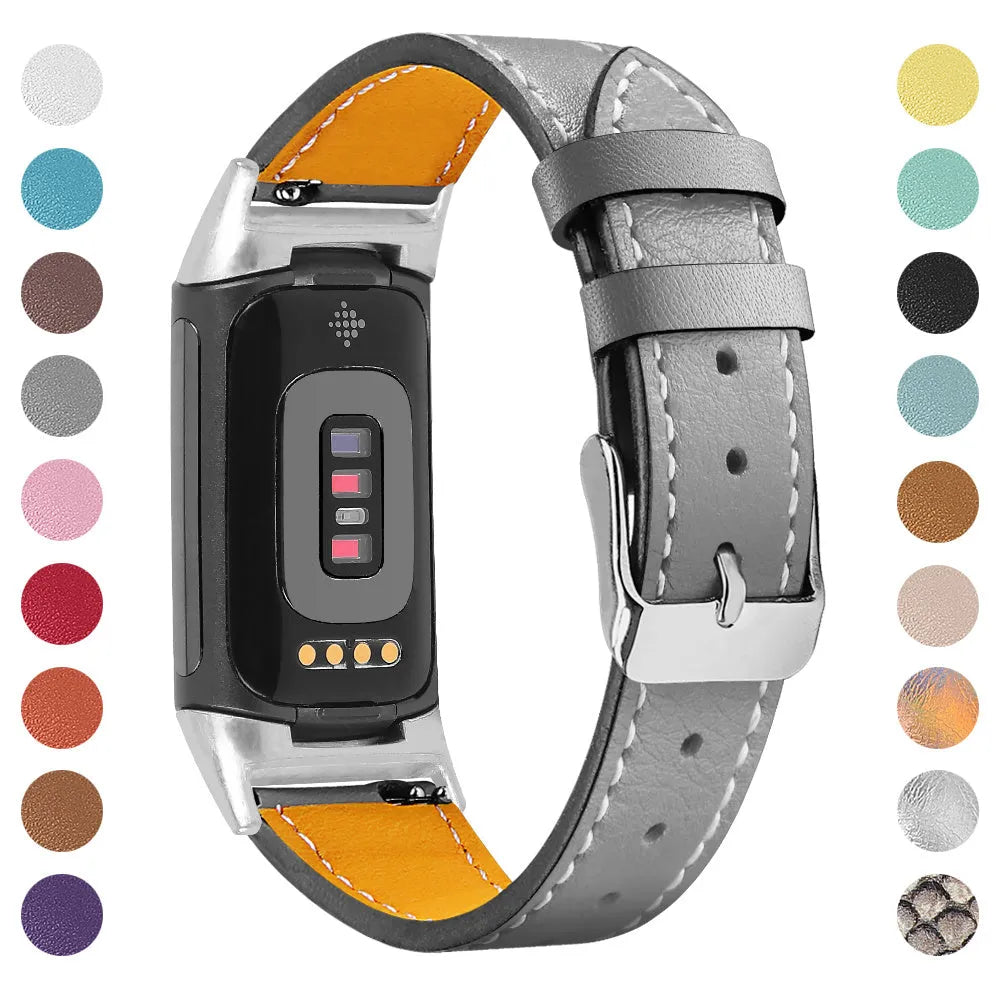 Genuine leather strap for Fitbit charge5 and charge6 in selected colour with adjustable buckle showing 5.5-8.1 inch length