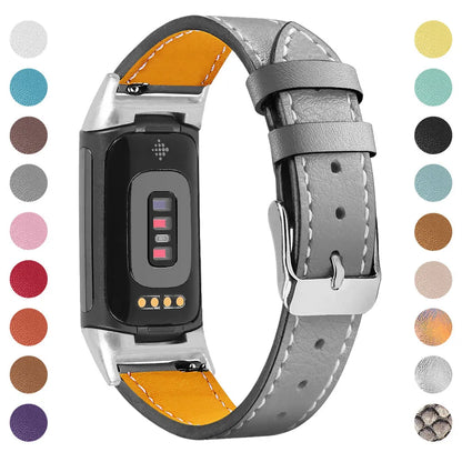 Genuine leather strap for Fitbit charge5 and charge6 in selected colour with adjustable buckle showing 5.5-8.1 inch length