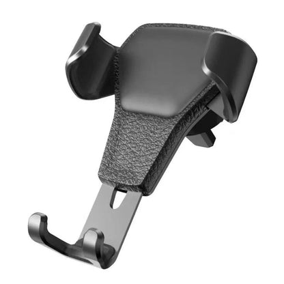 Leather grain gravity mobile phone car holder in black and white, compatible with most smartphones