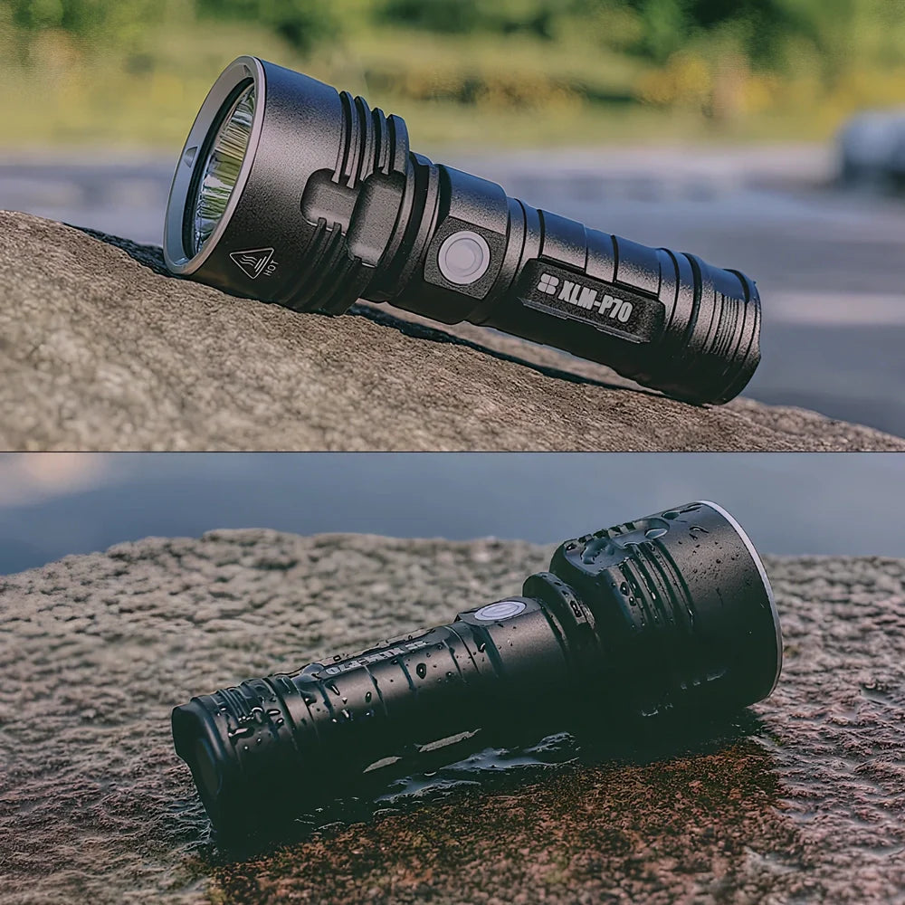 Aluminium alloy LED flashlight with 200-500m beam range and rechargeable battery system