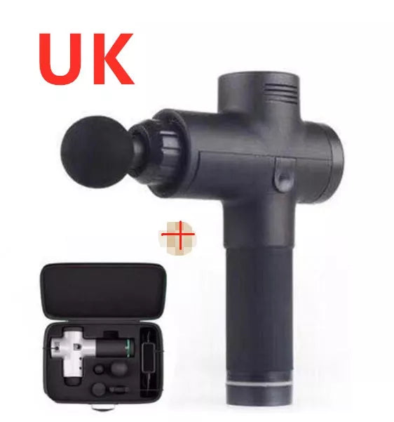 Relax Tissue Deep Muscle Massage Gun with 4 interchangeable heads on a white background