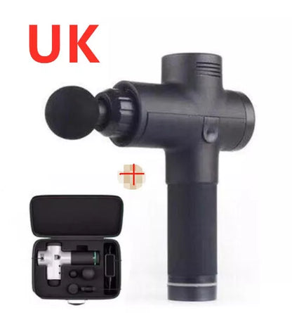 Relax Tissue Deep Muscle Massage Gun with 4 interchangeable heads on a white background