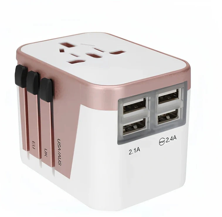 Black multi-country travel adapter 54x68x51mm with universal plugs for 2000W devices in 180 countries