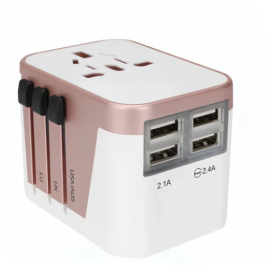 Black multi-country travel adapter 54x68x51mm with universal plugs for 2000W devices in 180 countries