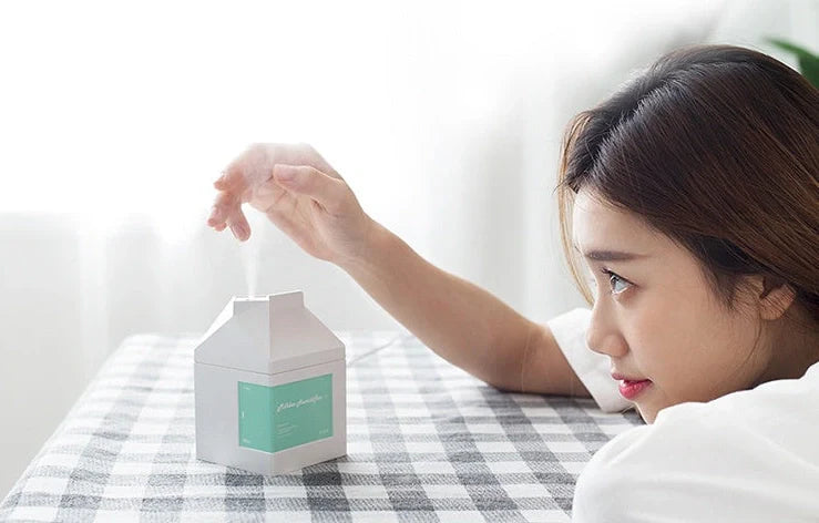 White milk carton shaped USB humidifier with 260ml capacity measuring 75mm x 75mm x 113mm