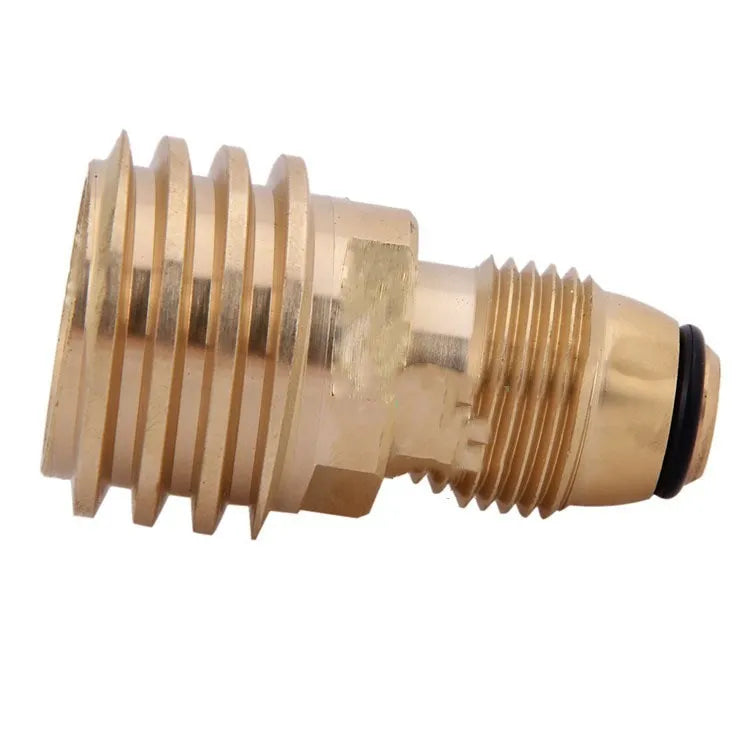 Brass gas brazier adapter with gold finish showing taper external thread