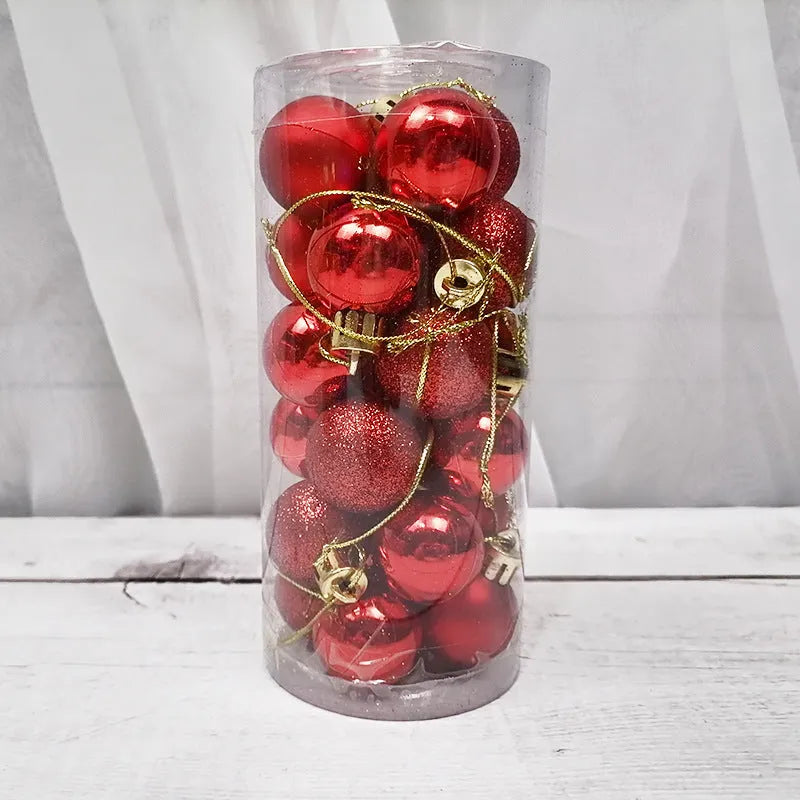 Assortment of 3cm diameter gold, red, silver, and blue barrel-shaped Christmas baubles with an electroplated finish.