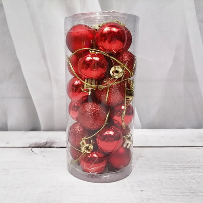 Assortment of 3cm diameter gold, red, silver, and blue barrel-shaped Christmas baubles with an electroplated finish.