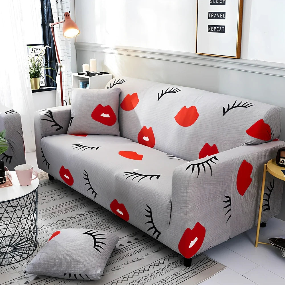 Elastic sofa cover on three-seat sofa showing stretch fabric fitting sofa length 190-230cm