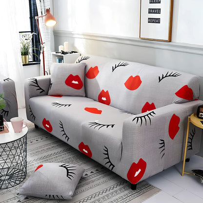 Elastic sofa cover on three-seat sofa showing stretch fabric fitting sofa length 190-230cm