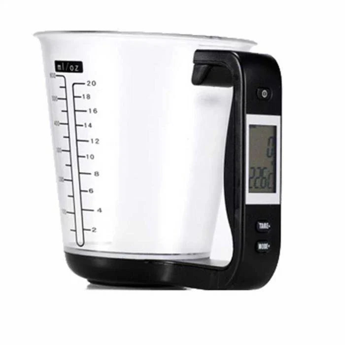 Digital kitchen scale with measuring cup, weight and temperature display
