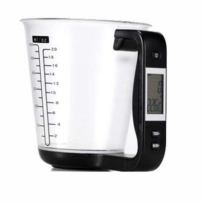 Digital kitchen scale with measuring cup, weight and temperature display