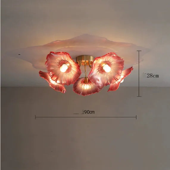 Creative flower lamp with five purple heads and adjustable tricolour, warm, or white light settings for ceiling mounting