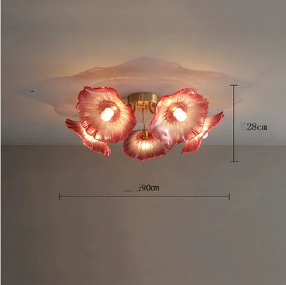 Creative flower lamp with five purple heads and adjustable tricolour, warm, or white light settings for ceiling mounting