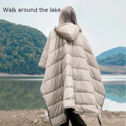 Adult outdoor cloak sleeping bag in Army Green or Grey, showing wearable design and 200x140cm dimensions
