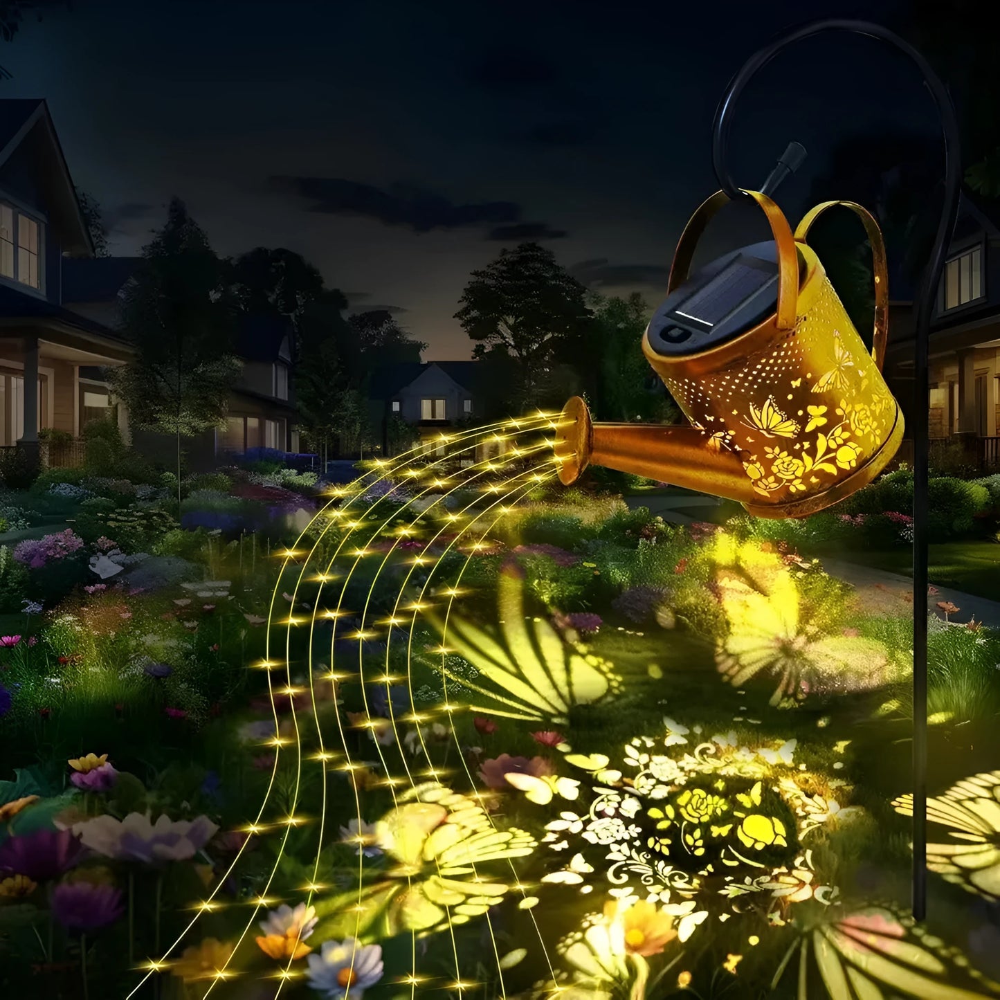 Wrought iron solar kettle light with butterfly design for garden decoration