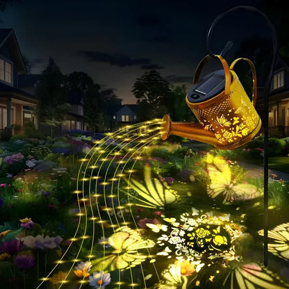 Wrought iron solar kettle light with butterfly design for garden decoration