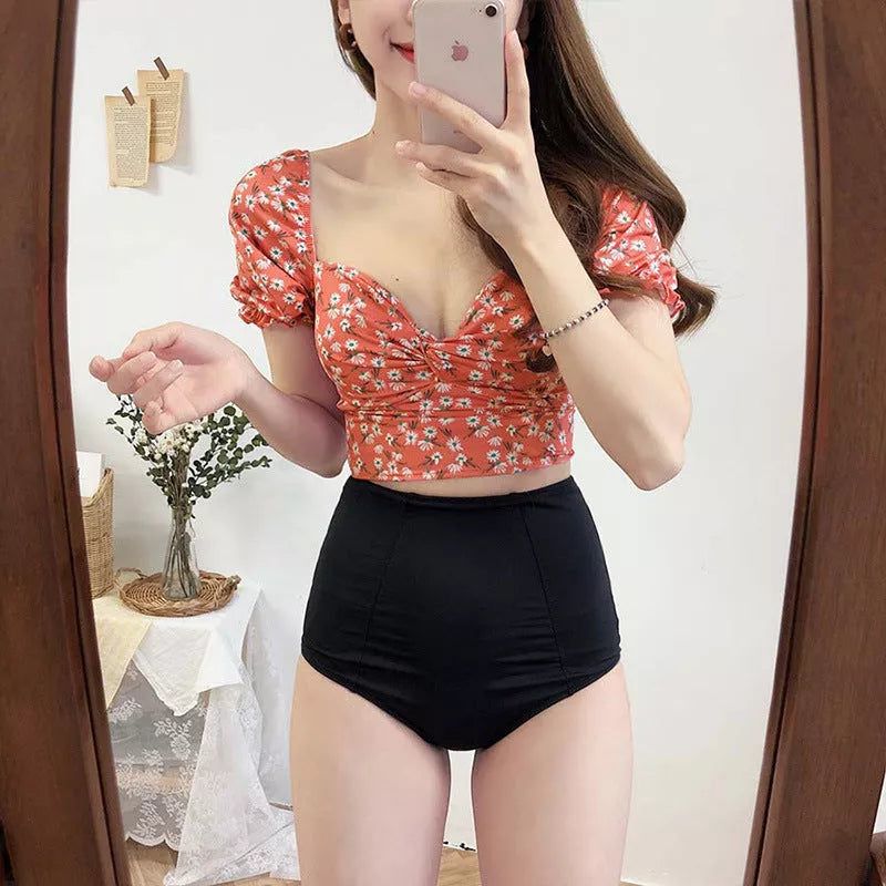 Nylon hot spring swimwear in pink, black, and blue, sizes S to XL