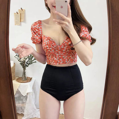 Nylon hot spring swimwear in pink, black, and blue, sizes S to XL