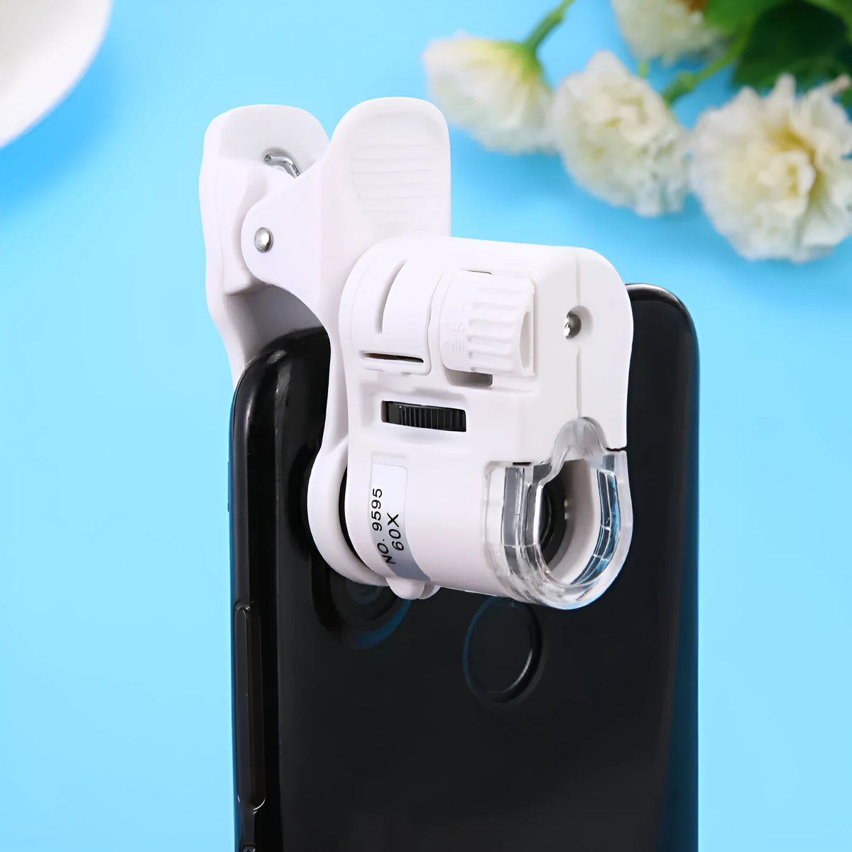 60X mobile phone microscope camera clip with LED light, ABS metal acrylic lens, 40x33x20mm, universal smartphone macro lens