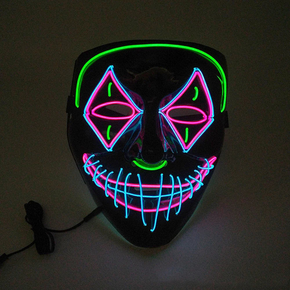 Glow-in-the-dark LED Halloween mask with adjustable straps and bright, mesmerizing illumination