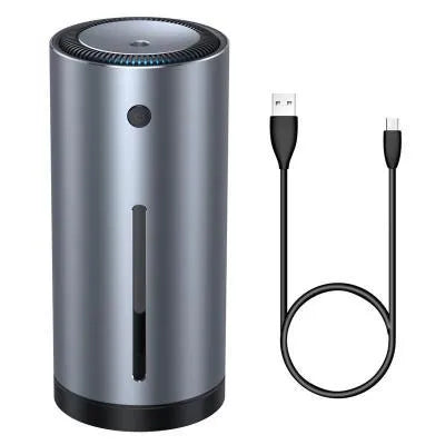 Black car diffuser humidifier with aluminium alloy casing, USB port, and less than 1-litre capacity