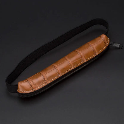 Long slim PU leather pencil case showing beige grey colour option with dimensions 16.5 by 3 cm