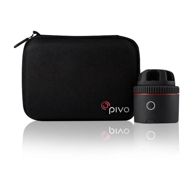 Black PIVO facial tracking camera with a smartphone mounted on its 360-degree rotating base.