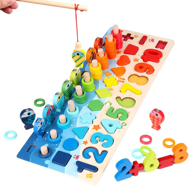 Colorful educational wooden toys for kids, featuring interactive games like math, counting, and shape matching to promote early childhood development