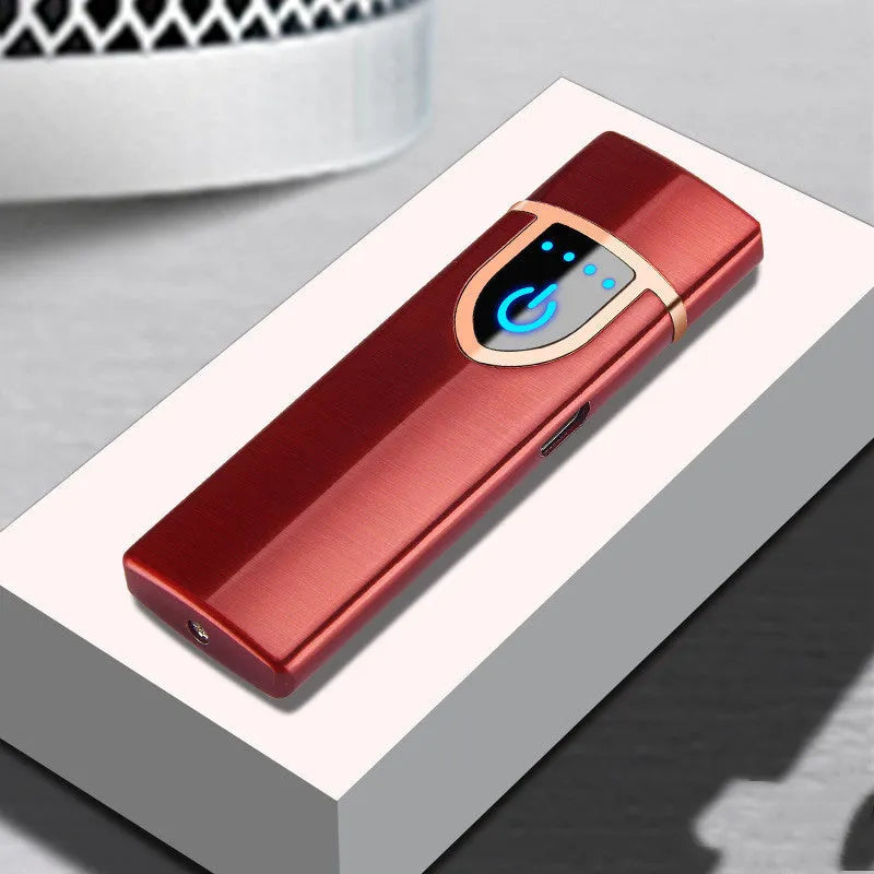 USB rechargeable double arc lighter in zinc alloy with ice noodle finish, 73x35x11mm, available in six colours