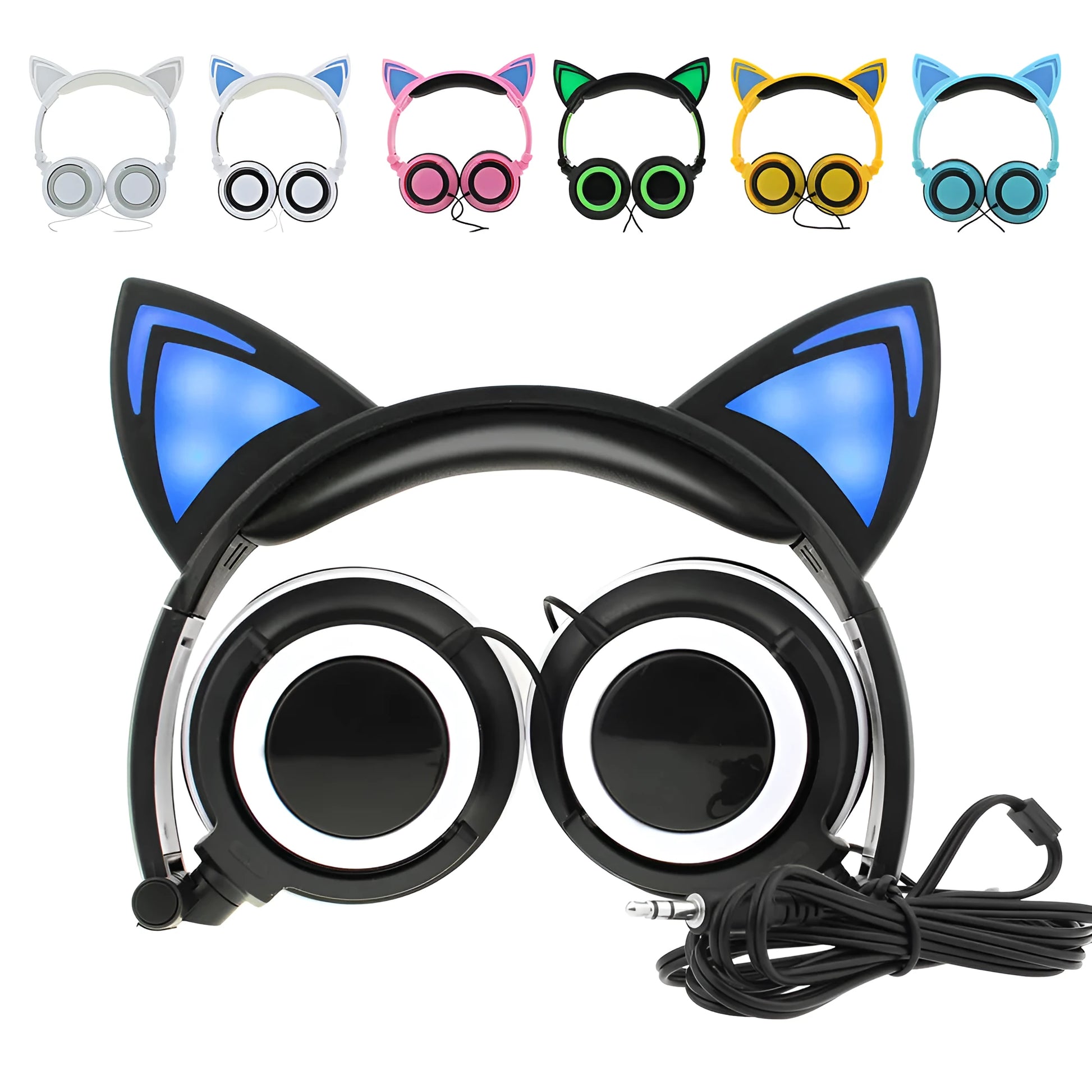 Colourful LED cat ear headphones with illuminated ears and cushions on a black background