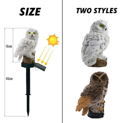 Brown solar owl garden light measuring 45cm height with solar panel on top for outdoor LED illumination