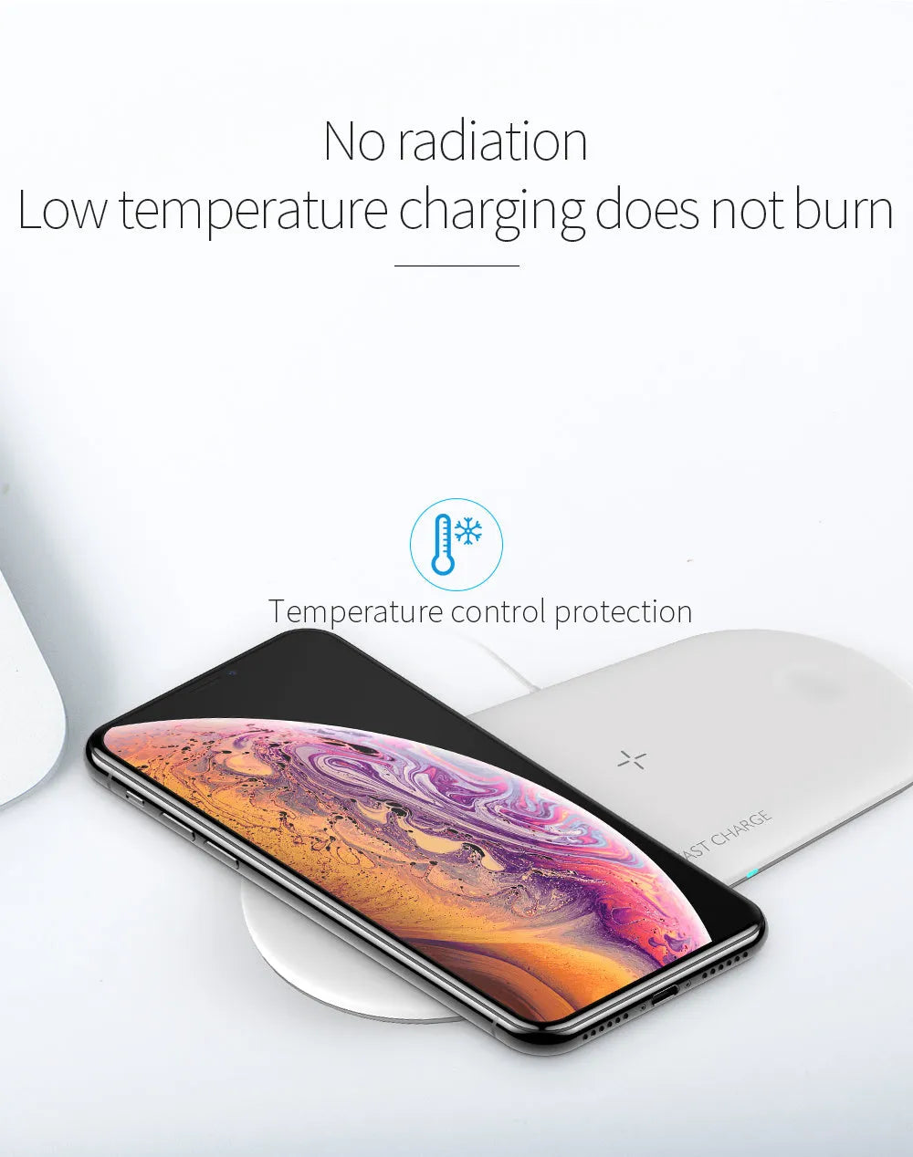 Black and white three-in-one desktop wireless charger for Apple iPhone, Watch, and headphones.