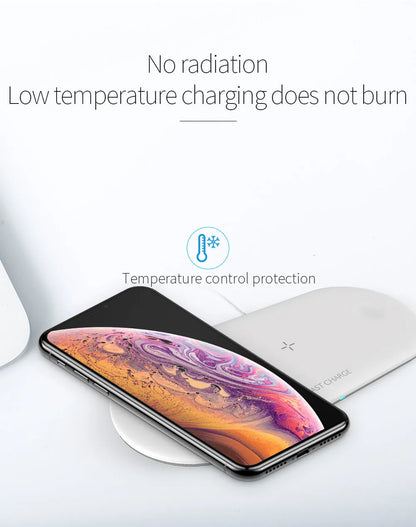 Black and white three-in-one desktop wireless charger for Apple iPhone, Watch, and headphones.