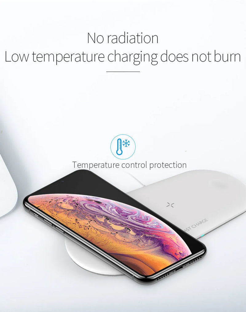 Apple-compatible desktop wireless charging station for iPhone, iWatch, and Bluetooth headphones with ABS and rubber construction, 10W phone, 5W watch, 5W headset charging, Qi standard, CE/FCC/Rosh certified, black or white colour option.