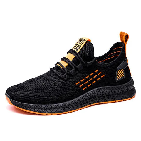 Men's black casual sports shoes with cross-strap detail on a Flying Weave upper and a flat, wear-resistant sole.