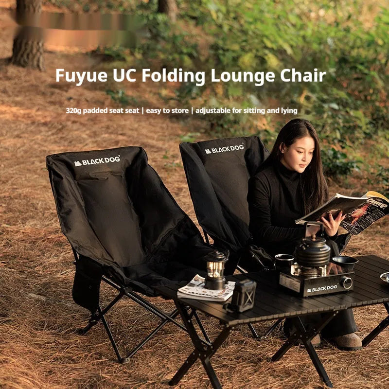 Night black Oxford cloth moon style folding camping chair with curved backrest in open position