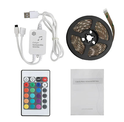 5 metre colour changing LED strip with remote control showing multiple colour options