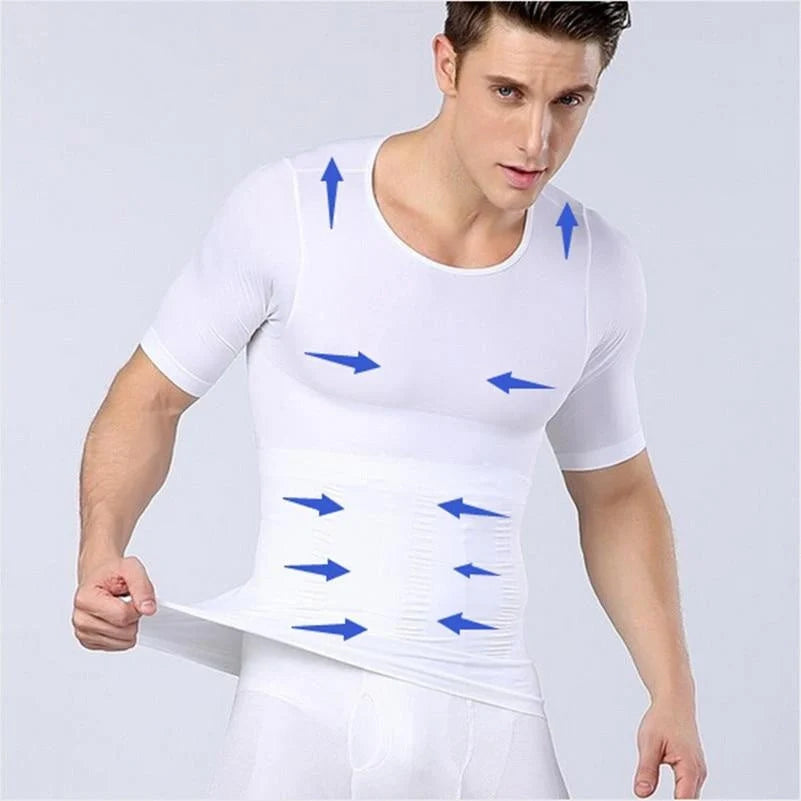 Men's Slimming Compression Chest Workout Tee in Blue, Black, and White colors