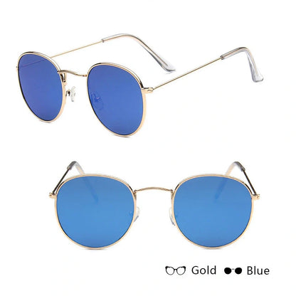 Stylish women's retro sunglasses with round frame and metal finish
