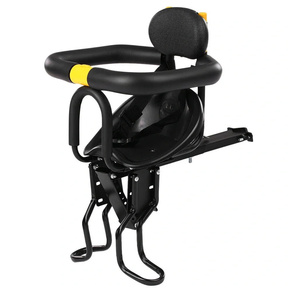 Front-mounted bicycle child seat with steel frame construction in black colour