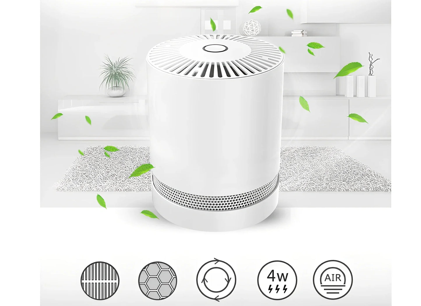 White portable desktop air purifier measuring 175x175x220mm for 4-10m² spaces