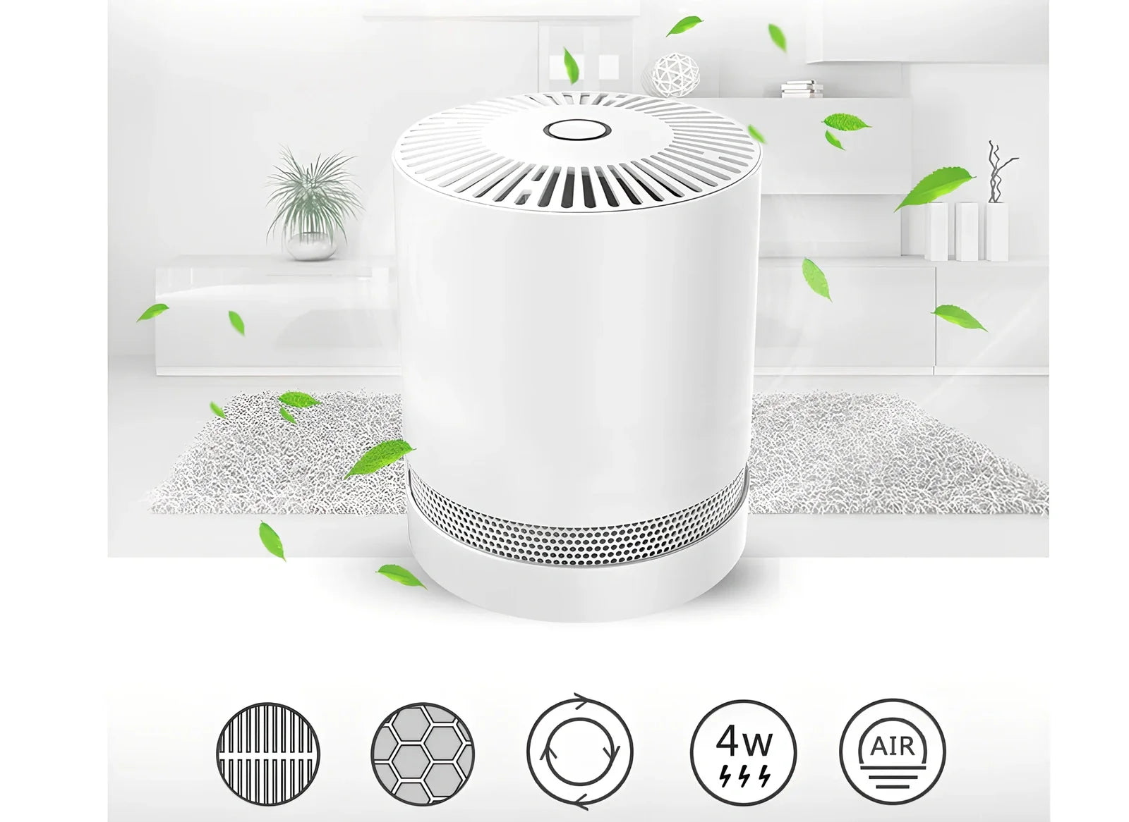 White portable desktop air purifier measuring 175x175x220mm for 4-10m² spaces