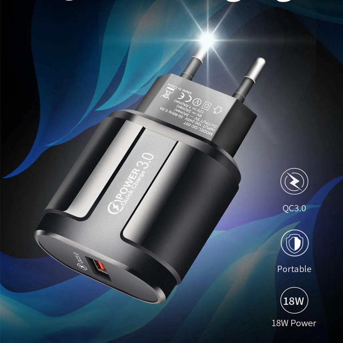 Smart mobile phone charger in black or white with compact 20mm × 40mm × 65mm dimensions showing international plug options