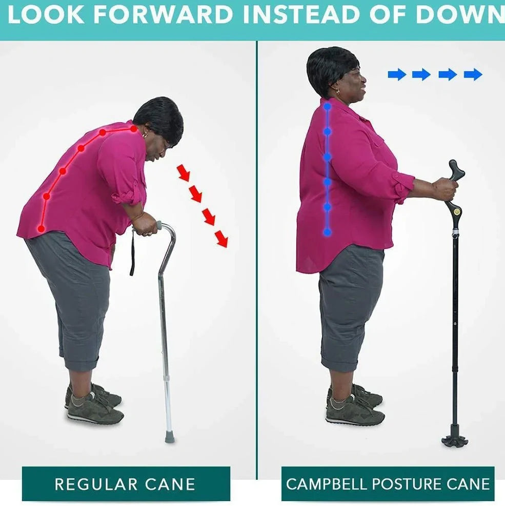 Telescopic folding walking stick with ergonomic handle extended to full height showing 6-tip base design