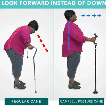 Telescopic folding walking stick with ergonomic handle extended to full height showing 6-tip base design